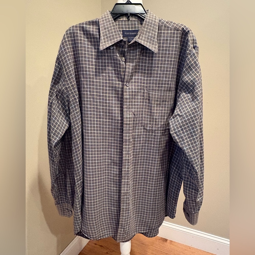 Scott Barber Men's Gray Plaid Shirt XL 100% Cotton Blue